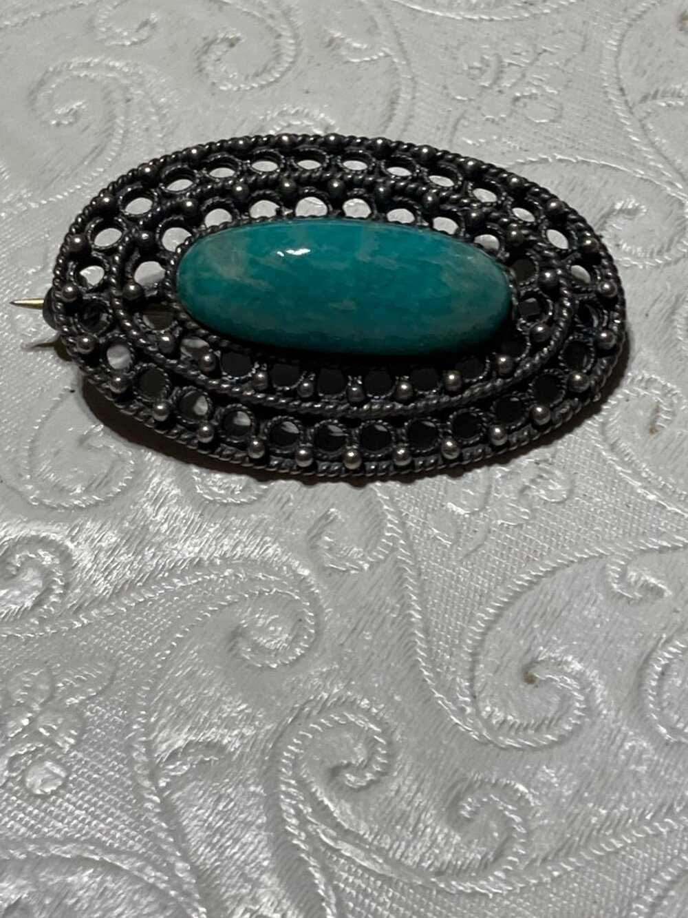 Finn Jensen Oval Brooch Pin 925S Sterling Silver Solje Style Amazonite Stone